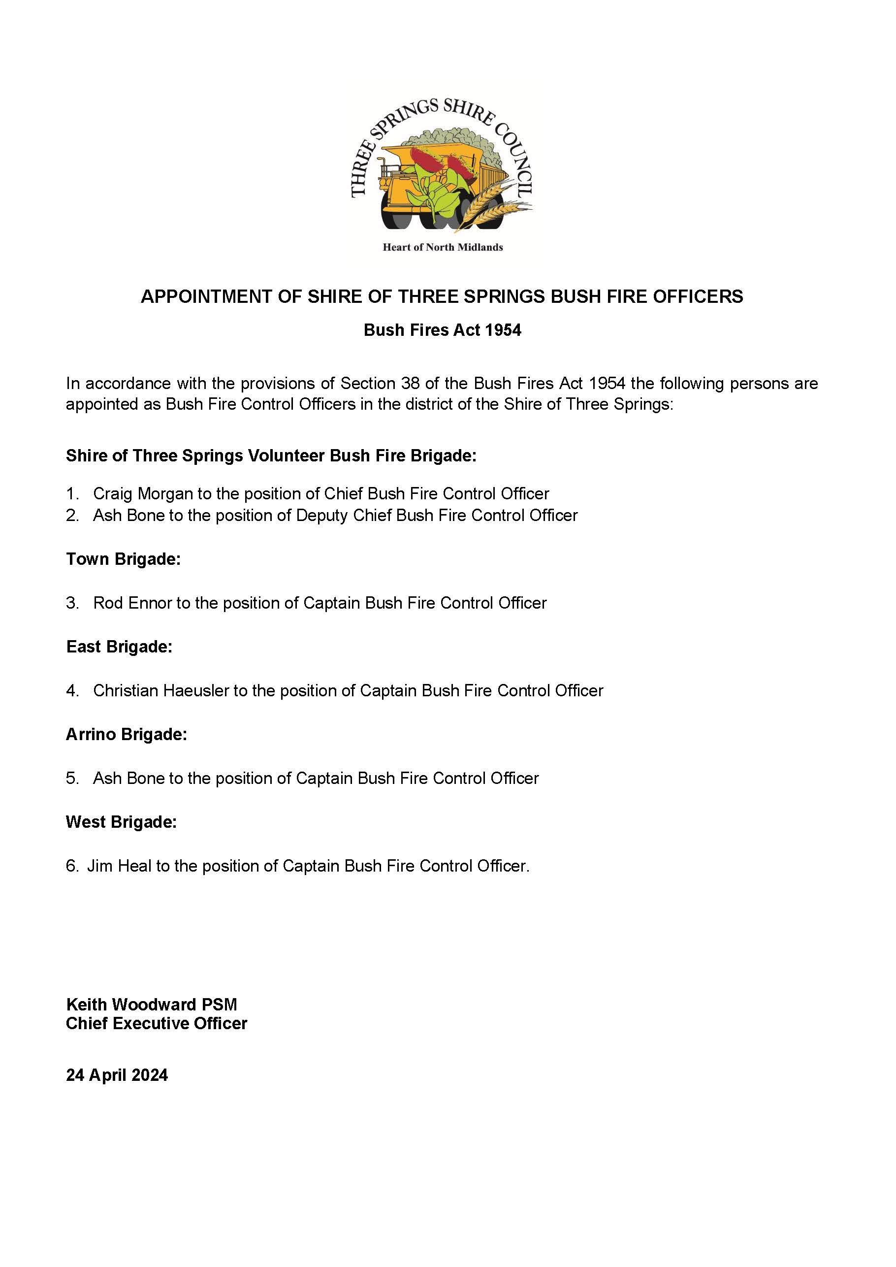 APPOINTMENT OF SHIRE OF THREE SPRINGS BUSH FIRE OFFICERS
